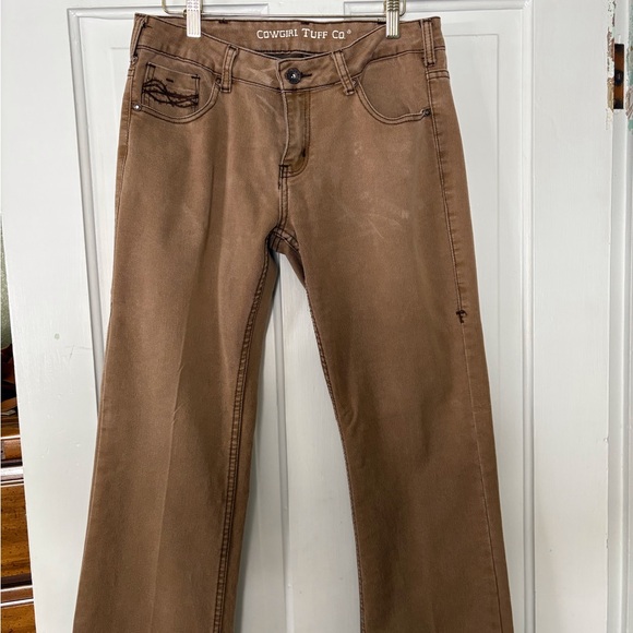 Comfortable Cowgirl Tuff, dark tan jeans, brown barbwire stitching, coin pocket - Picture 4 of 5